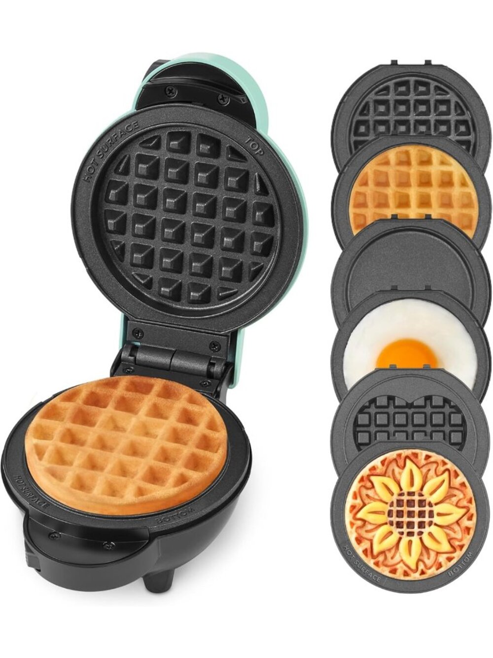Compact Mini Waffle Maker System - Nonstick Griddle Plates & Storage Case - Aqua
